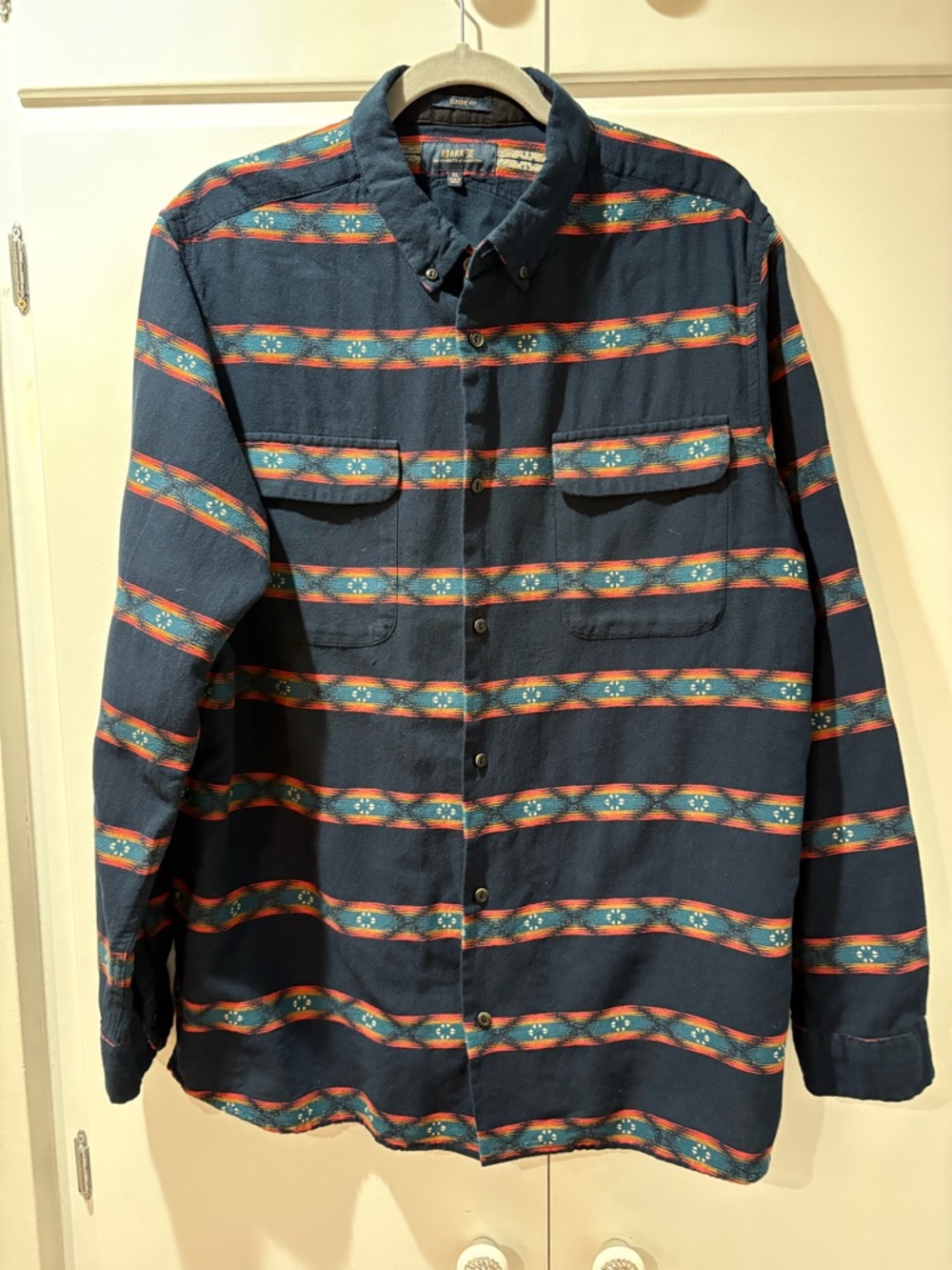 Roark Navy Blue Button-Up Shirt with Red and Tan Accent Stripe XL Men